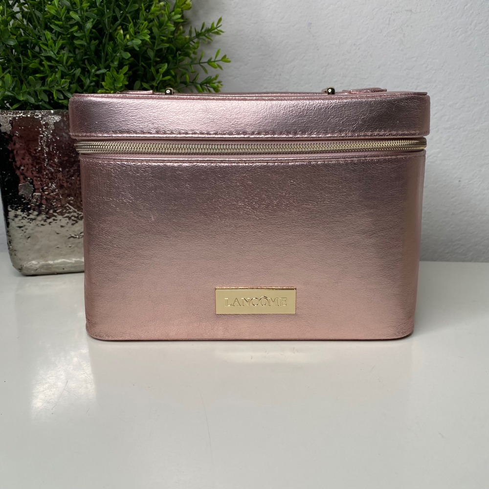 Lancome Rose Gold Metallic Cosmetic Vanity Case Bag Train‎ Case Travel Bag NWOT